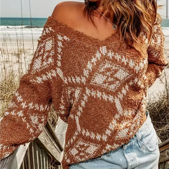 Aztec Pattern Knit V Neck Long Sleeve Sweater - Picture 3 of 3